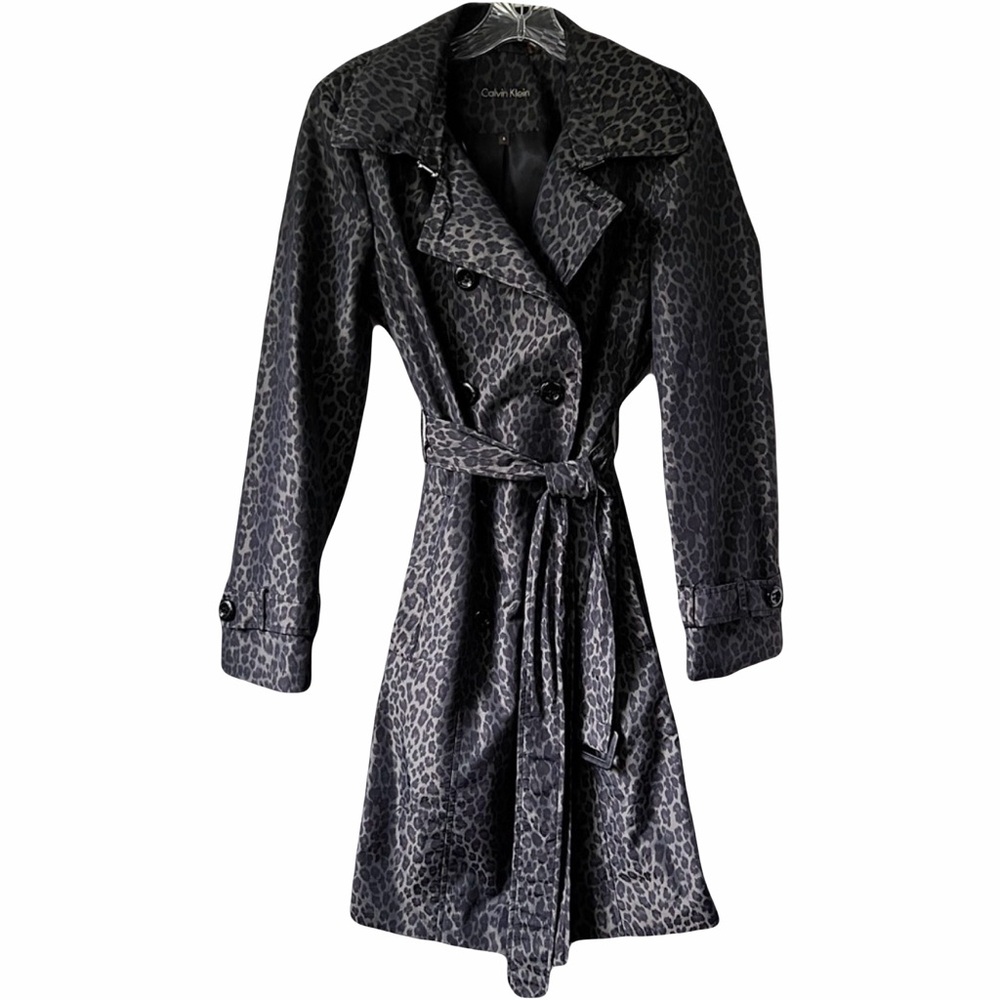 Calvin Klein Double Breasted Belted Rain Coat, Animal Print, Size Small